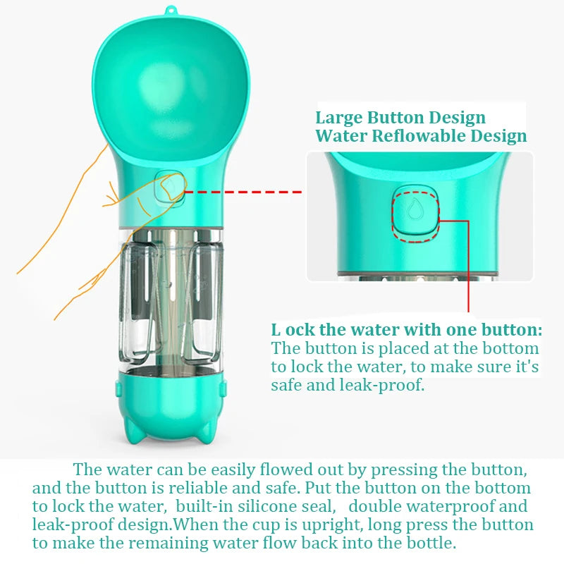 Garrafa De Água De Cão Multi-funcional. Armazenamento com dispenser de água, ração/petisco/brinquedo, com pazinha e sacola de lixo para fezes