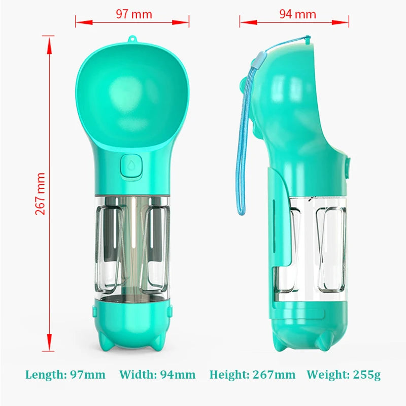 Garrafa De Água De Cão Multi-funcional. Armazenamento com dispenser de água, ração/petisco/brinquedo, com pazinha e sacola de lixo para fezes